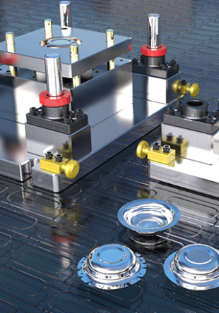 An exploded view of a complex mold, highlighting its precision engineering