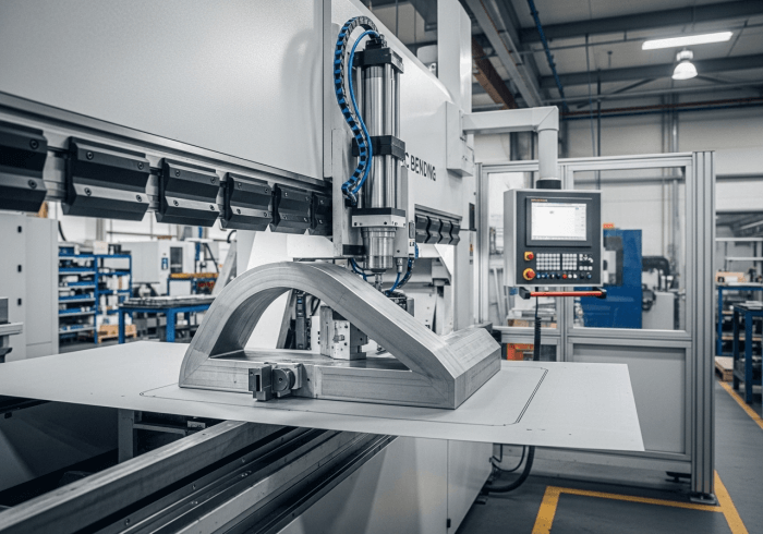Operator using a large CNC press brake to bend a sheet metal part