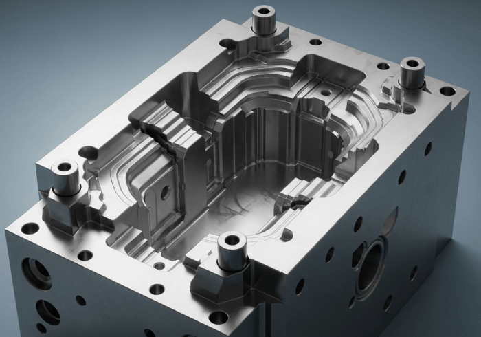 A steel blank for a multi-cavity injection mold, illustrating the core of mold making