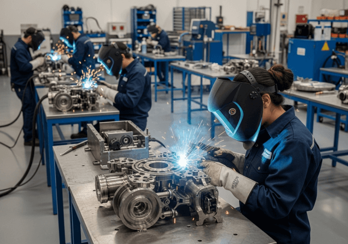 A detailed close-up of a TIG weld seam on a sheet metal assembly