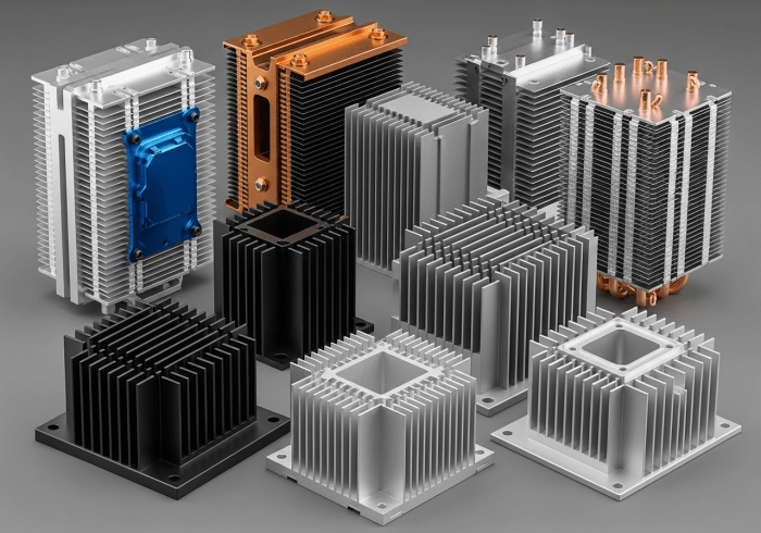 A custom CNC milled heatsink with a black anodized finish